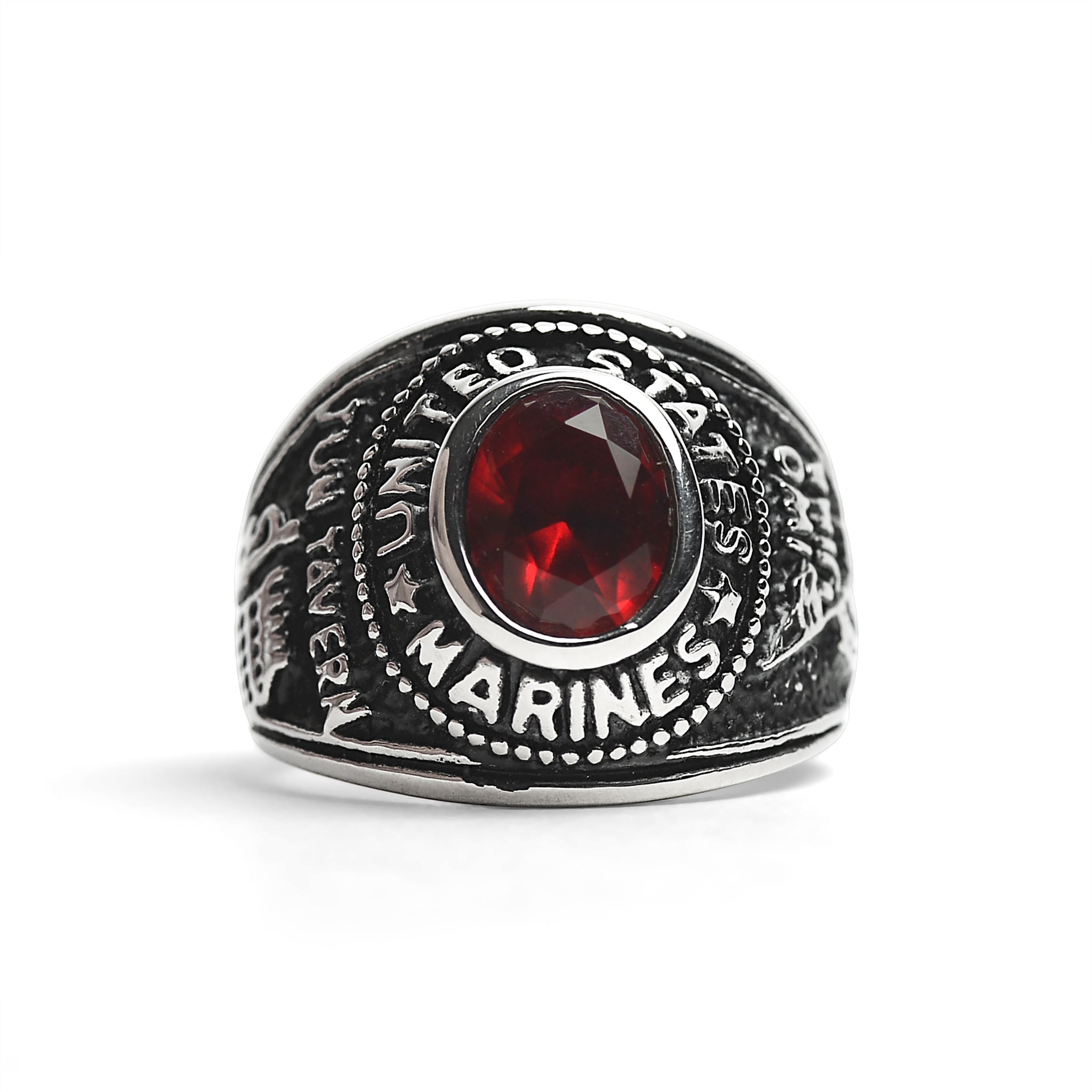 Stainless Steel United States Marine Corp Military Women's Ring with Red Stone / MCR4070