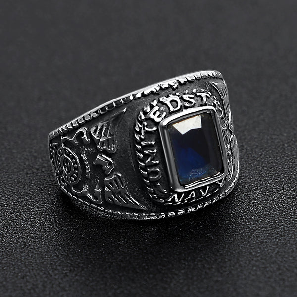 United States Navy Dark Blue Center Stone Stainless Steel Women's Ring / MCR4103