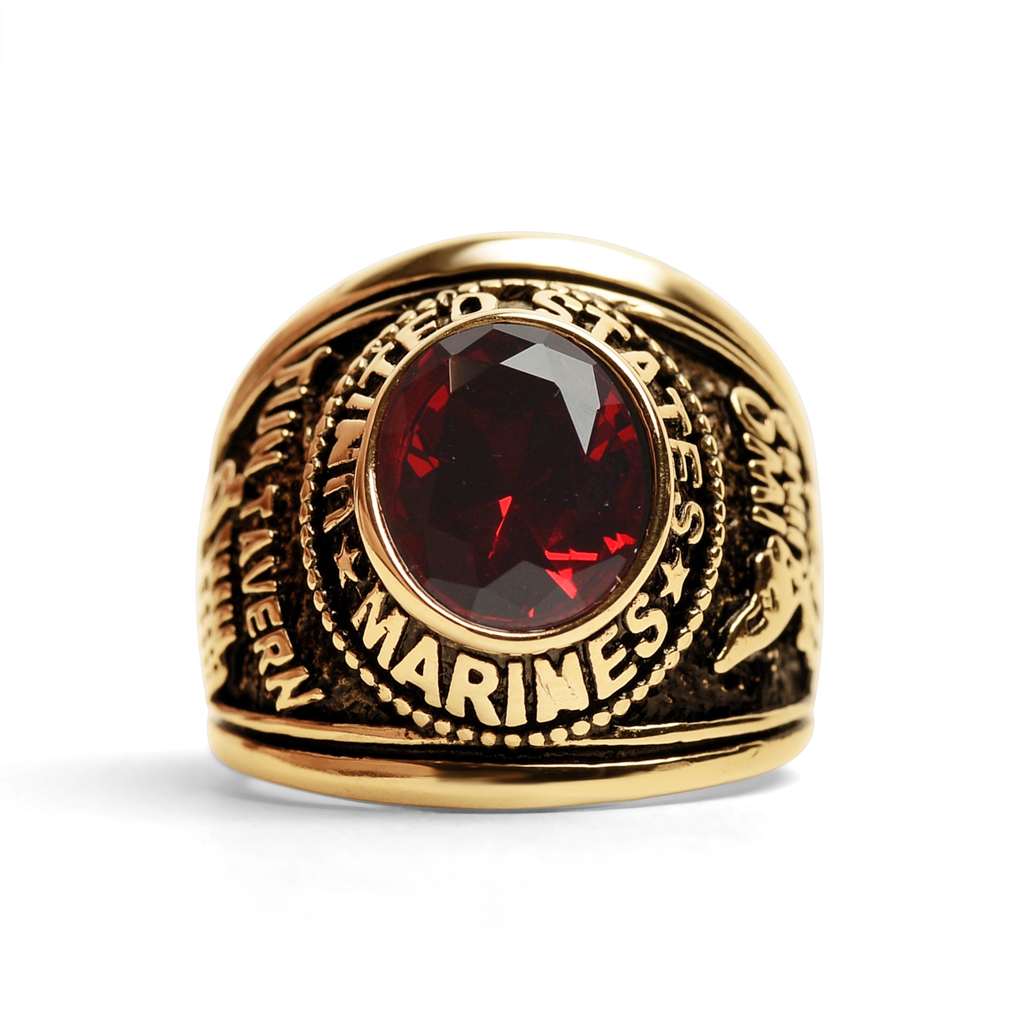 Gold United States Marines Red Center Stone Stainless Steel Ring / MCR6002