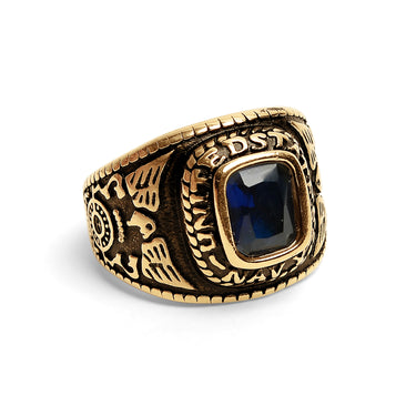 18K Gold PVD Stainless Steel United States Navy Blue Center Stone Ring / MCR6003