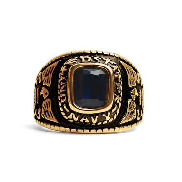 18K Gold PVD Stainless Steel United States Navy Blue Center Stone Ring / MCR6003