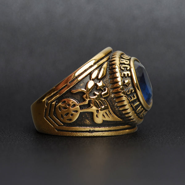 Gold United States Air Force Blue Center Stone Stainless Steel Ring / MCR6004
