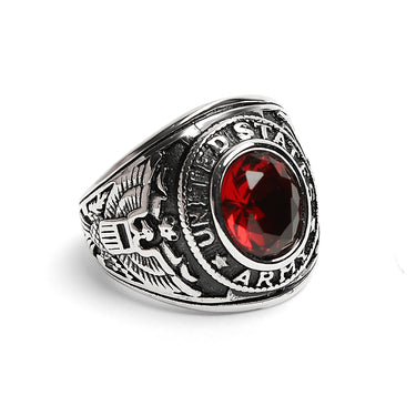 Stainless Steel United States Army Red Center Stone Ring / MCR6006