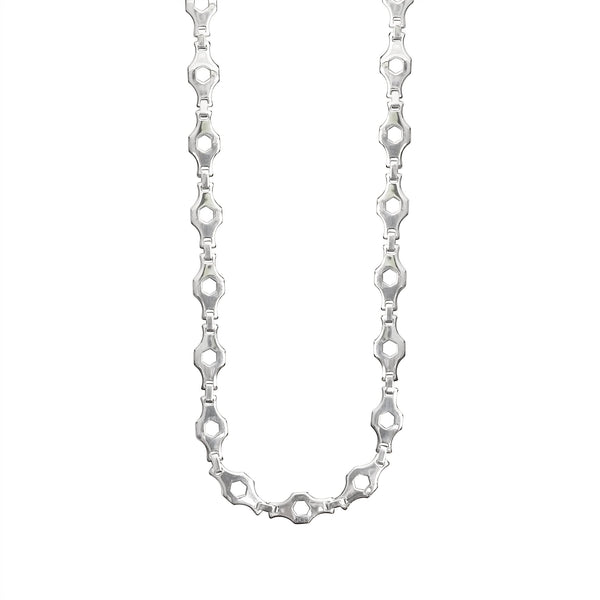 Stainless steel hexagon fancy chain necklace hanging.
