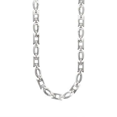 Stainless steel oval and rectangle fancy chain necklace hanging.