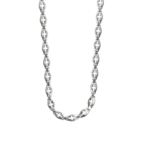 Stainless steel Cross cutout fancy chain necklace hanging.