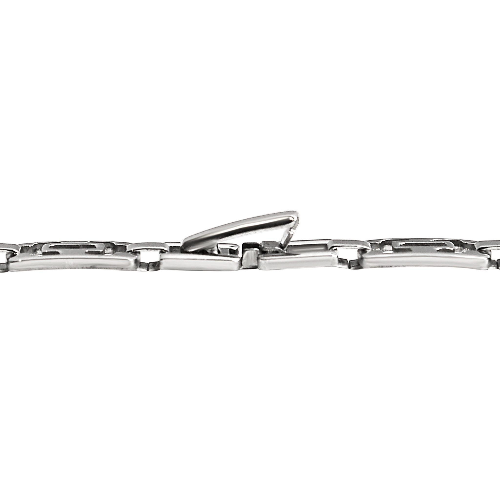 Stainless steel rectangle cutout fancy chain necklace with a closeup of the clasp.