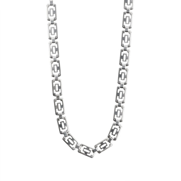 Stainless steel rectangle cutout fancy chain necklace hanging.