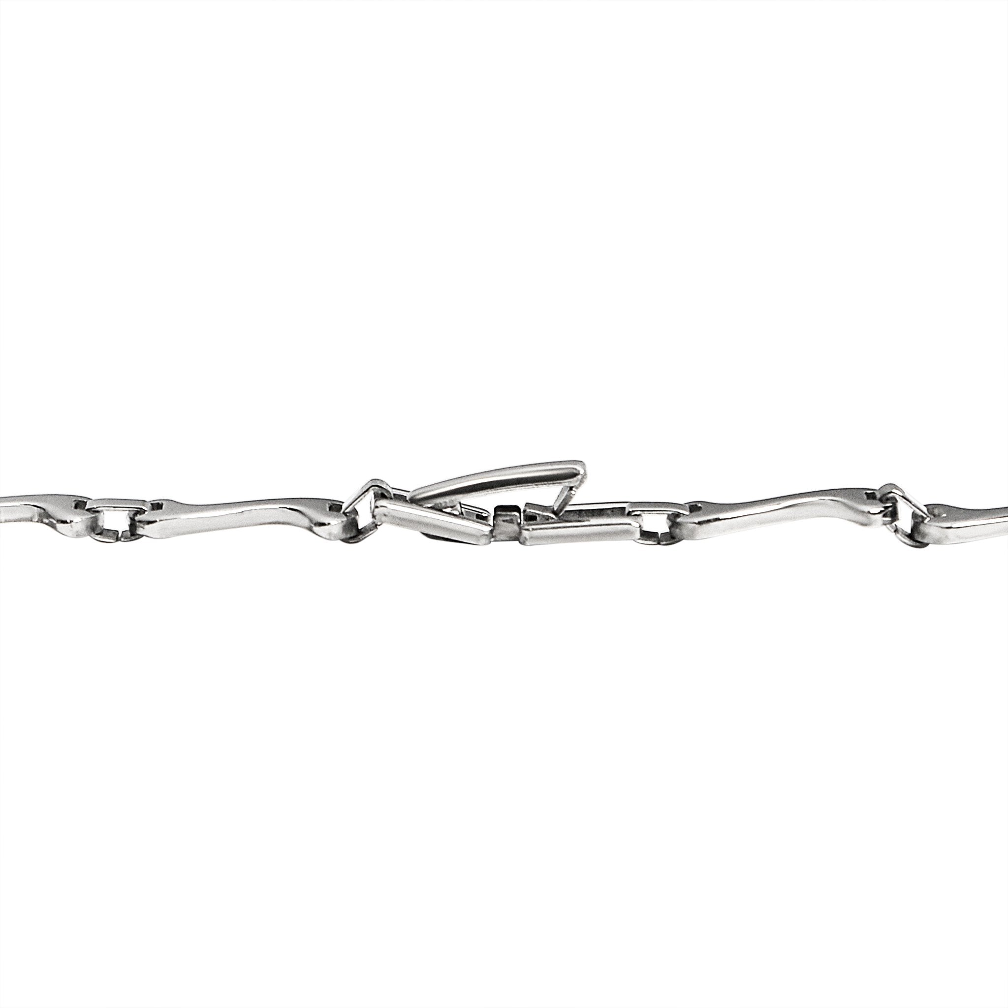 Stainless steel swish wave fancy chain necklace with a closeup of the clasp.