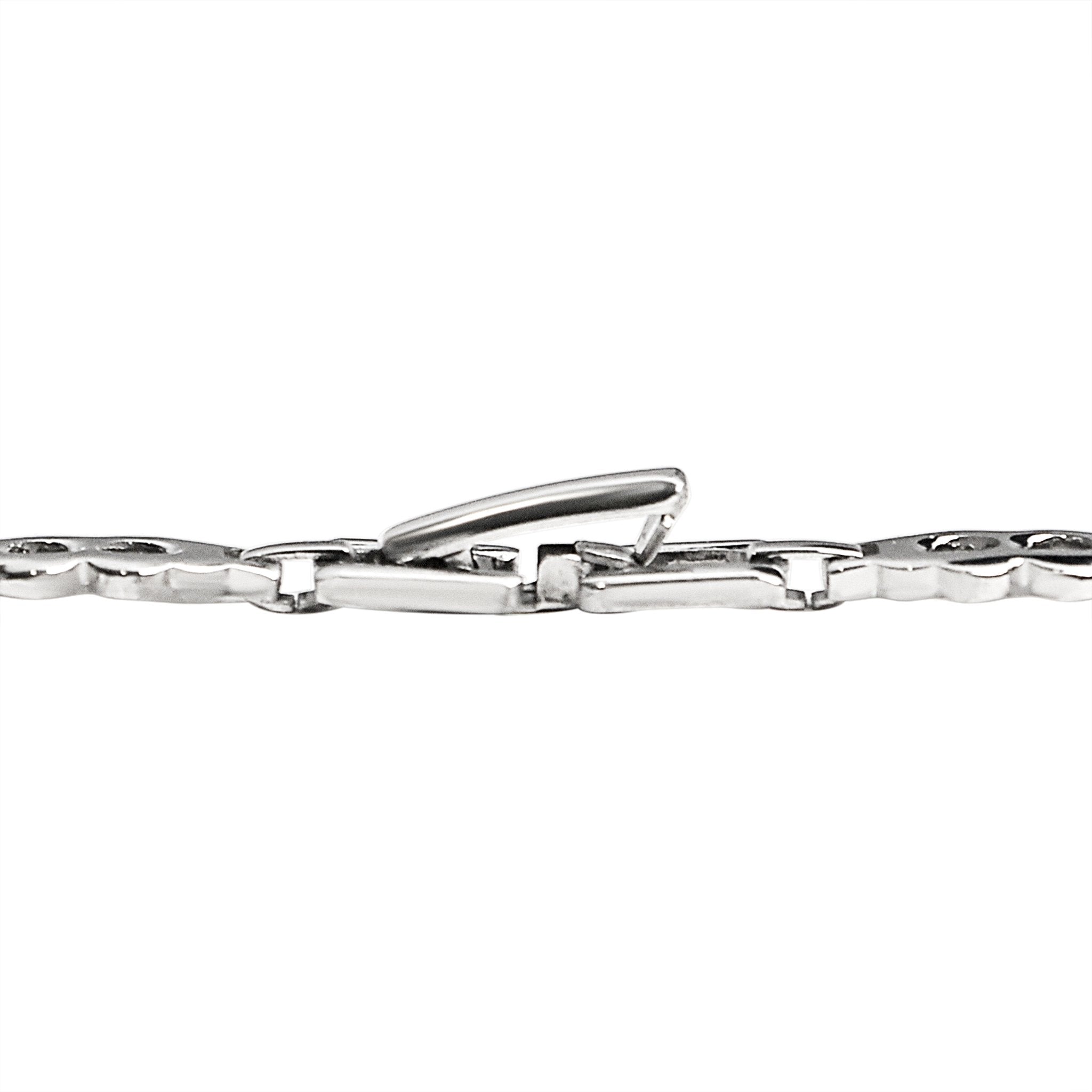 Stainless steel fancy chain necklace with a closeup of the clasp.