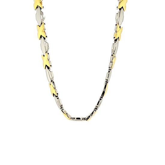 A stainless steel and gold color necklace hanging.