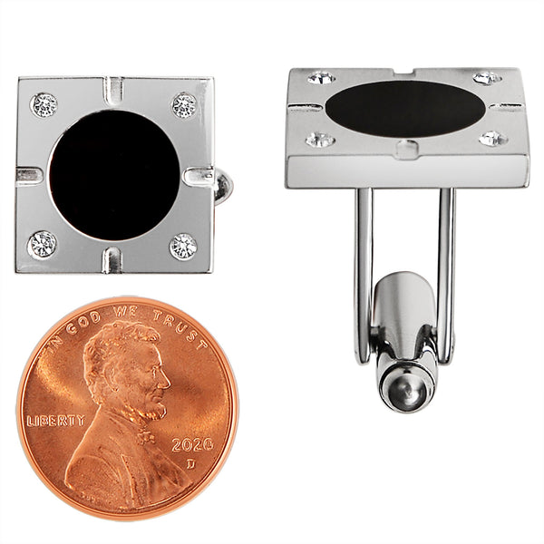 Stainless steel and black square Cubic Zirconia cufflinks with a penny for scale.