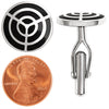 Stainless steel and black crosshairs cufflinks with a penny for scale.