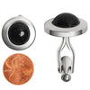 Stainless steel and black circle cufflinks with a penny for scale.