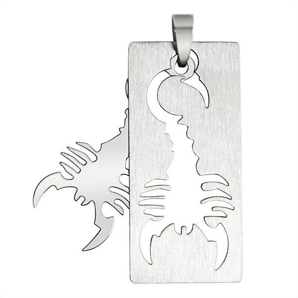 Stainless steel cutout scorpion pendant. Scorpion can swing on bail, back view.