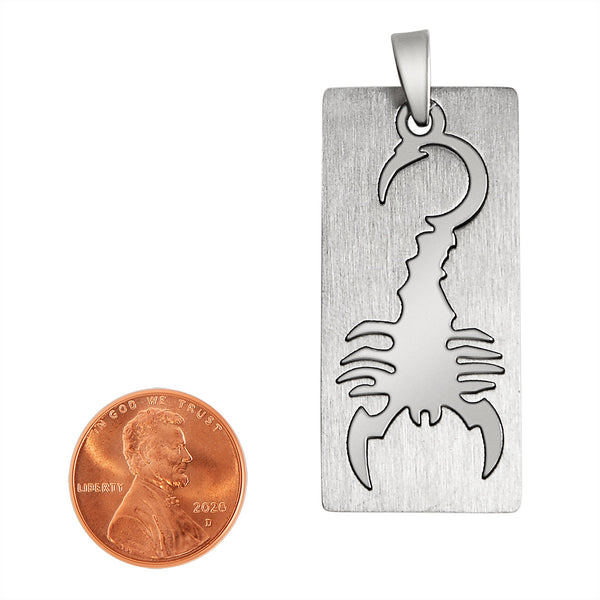 Stainless steel cutout scorpion pendant. Scorpion can swing on bail with a penny for scale.
