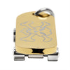 Stainless steel 18K gold PVD Coated skull Cubic Zirconia skateboard pendantat an angle.