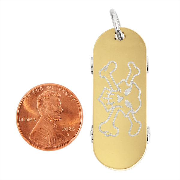 Stainless steel 18K gold PVD Coated skull Cubic Zirconia skateboard pendant with a penny for scale.