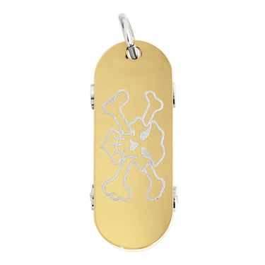 Stainless steel 18K gold PVD Coated skull Cubic Zirconia skateboard pendant.