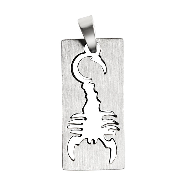 Stainless steel cutout scorpion pendant, back view.