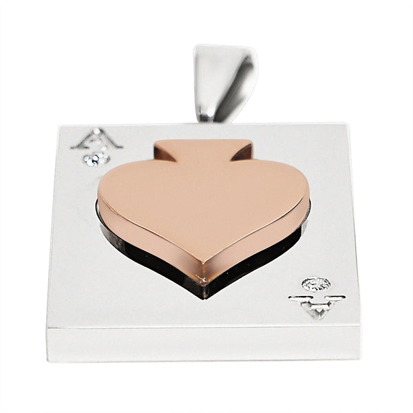 Stainless steel 18K rose gold PVD Coated ace of spades with Cubic Zirconia accents pendant at an angle.