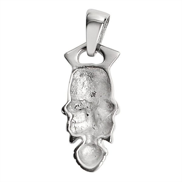 Stainless steel black eyed skull pendant, back view.