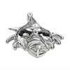 Stainless steel hooded black eyed skull pendant at an angle.