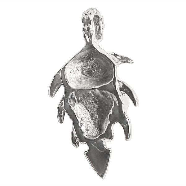 Stainless steel hooded black eyed skull pendant, back view.