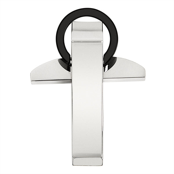 Stainless steel Cross with black ring pendant, back view.