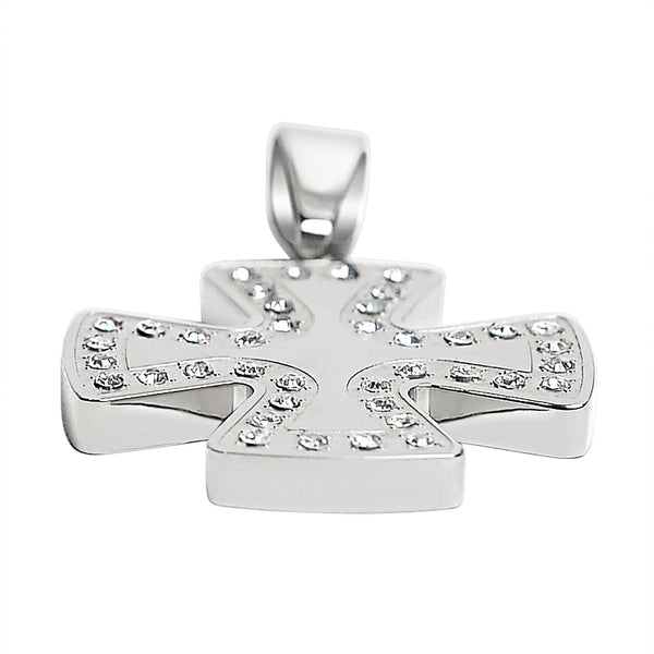 Stainless steel Cubic Zirconia Maltese Cross pendant at an angle.