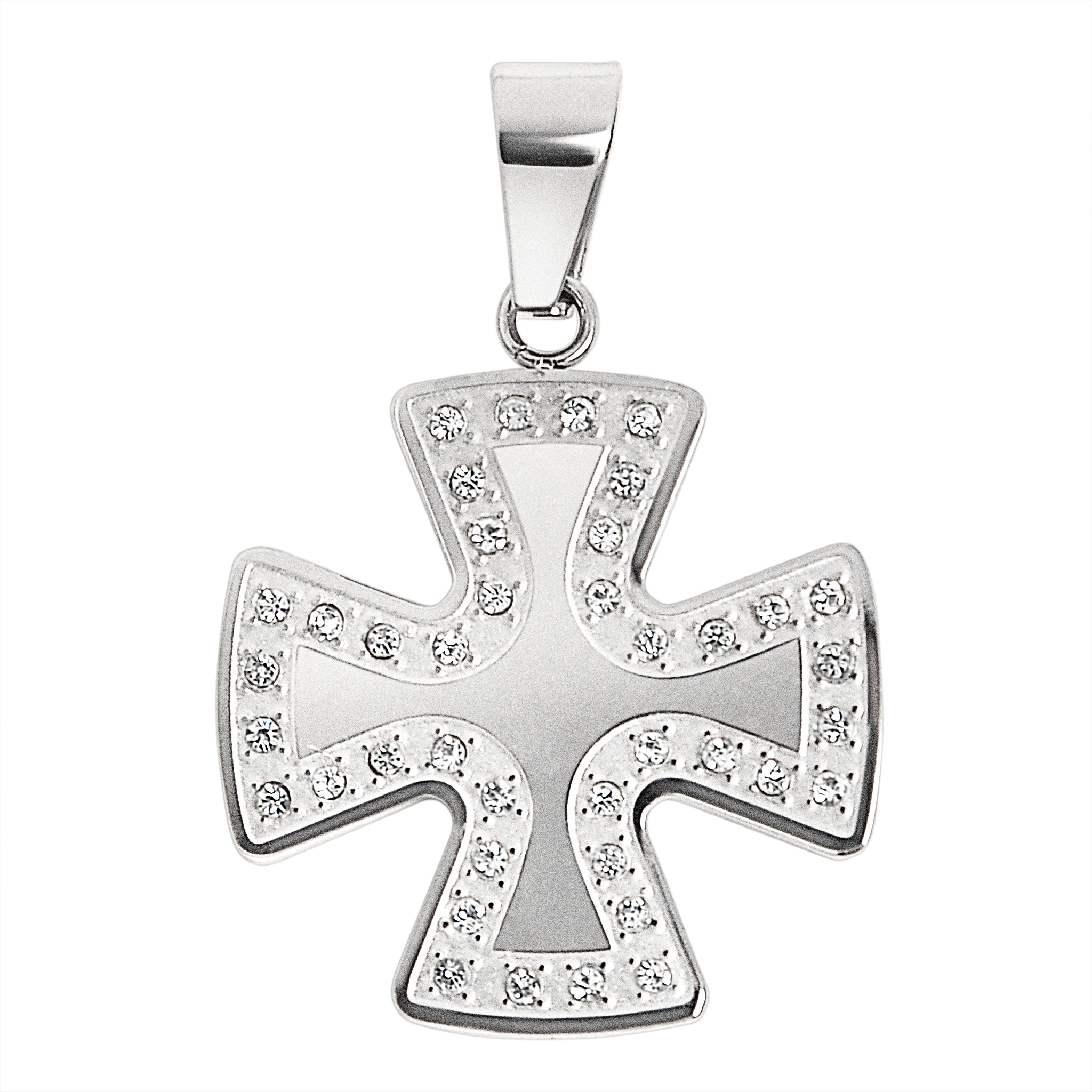 Stainless steel Cubic Zirconia Maltese Cross pendant.