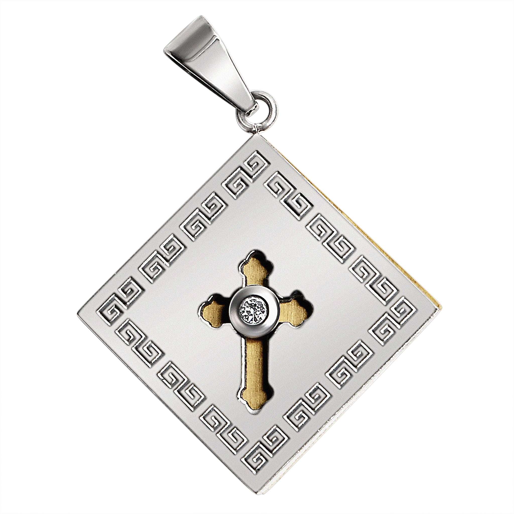 Stainless steel and 18K gold PVD Coated spinner Cubic Zirconia Cross with Greek key accents pendant.