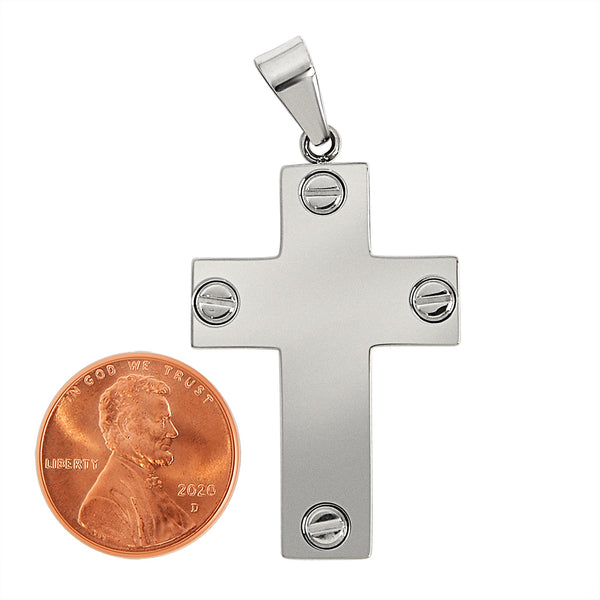 Stainless steel Cross pendant with a penny for scale.