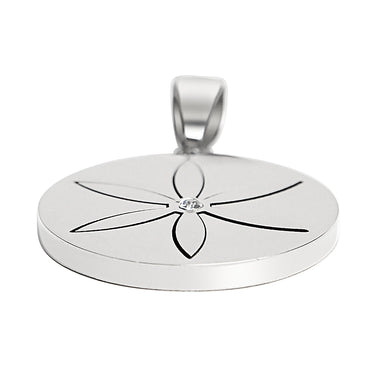 Stainless steel round Cubic Zirconia center flower pendant at an angle.