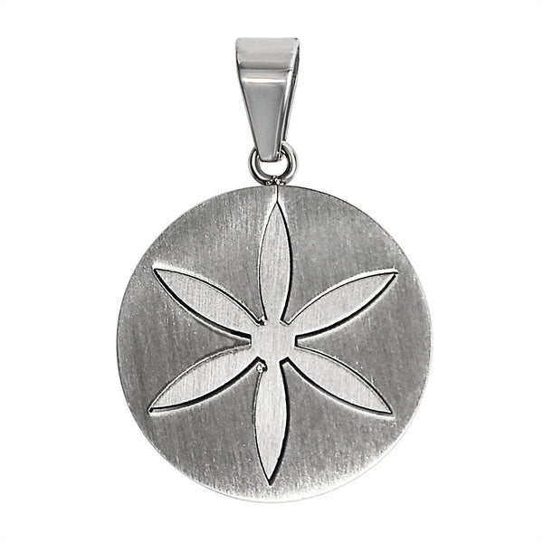 Stainless steel round Cubic Zirconia center flower pendant, back view.