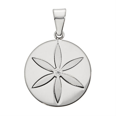 Stainless steel round Cubic Zirconia center flower pendant.