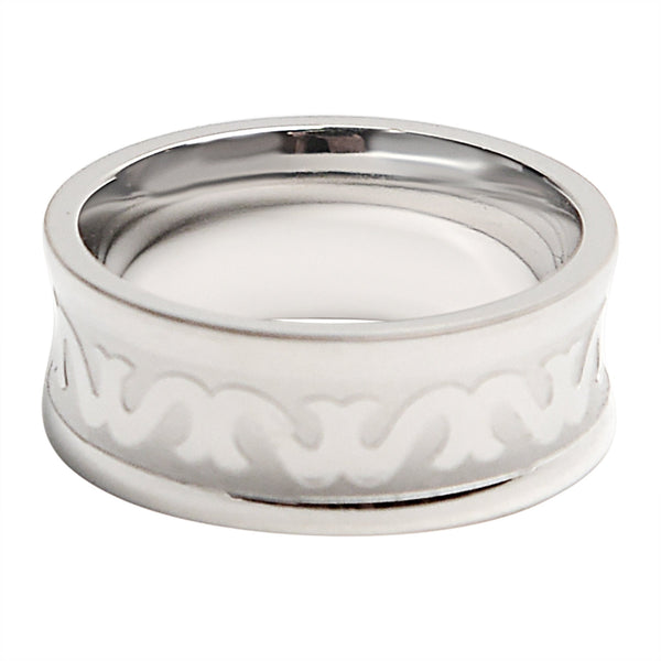 Stainless steel grooved filigree center ring at an angle.