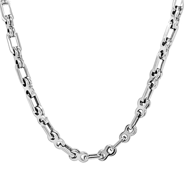 Stainless steel bike chain necklace hanging.