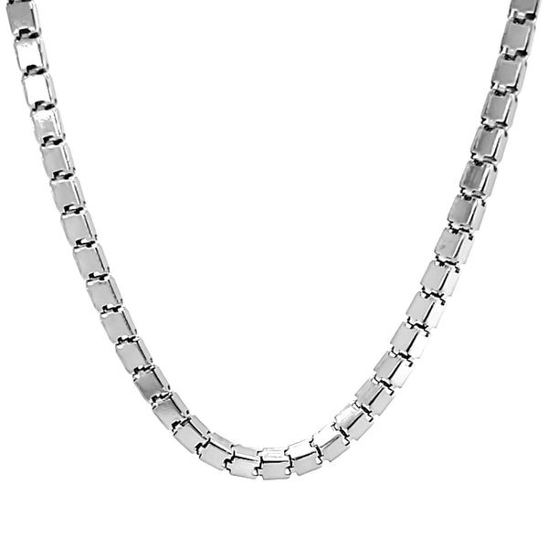 Stainless steel square chain necklace hanging.