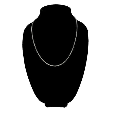 Stainless steel round snake chain necklace on a black velvet bust.