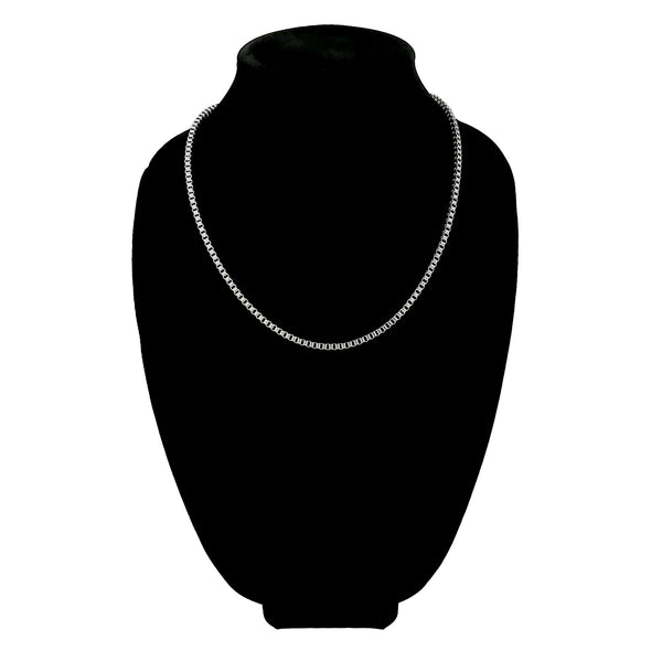 Stainless steel box chain necklace on a black velvet bust.