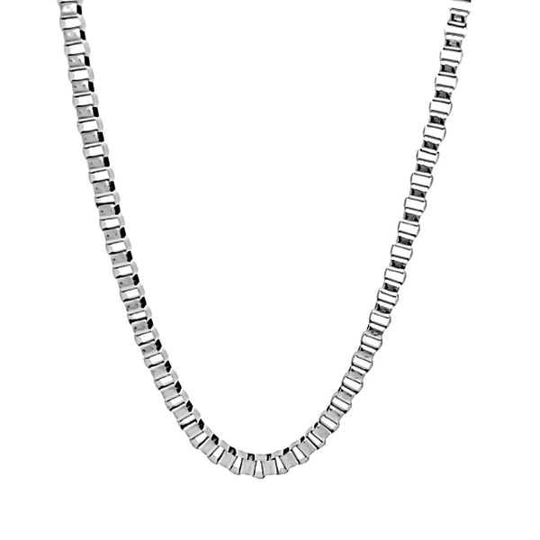 Stainless steel box chain necklace hanging.
