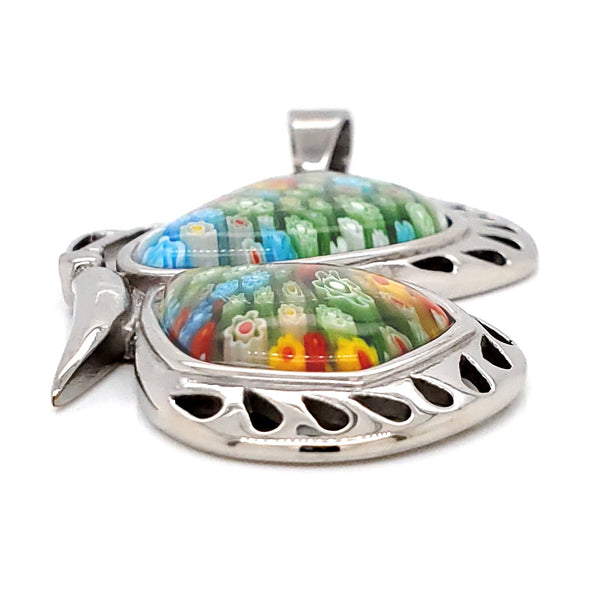 Millefiori butterfly stainless steel pendant at an angle.