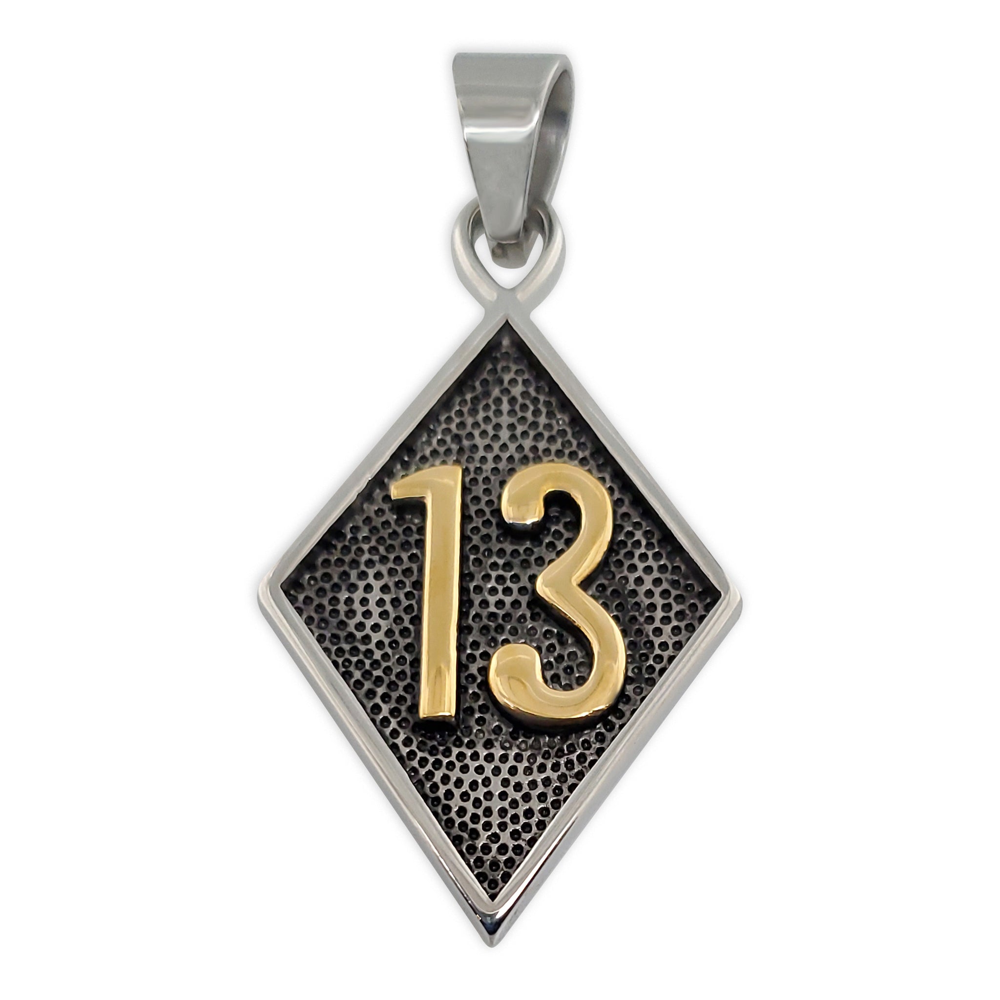 Stainless steel and 18K gold PVD Coated "13" pendant..