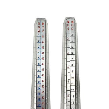 A ring mandrel with close ups of the different country sizes on either side of the mandrel.