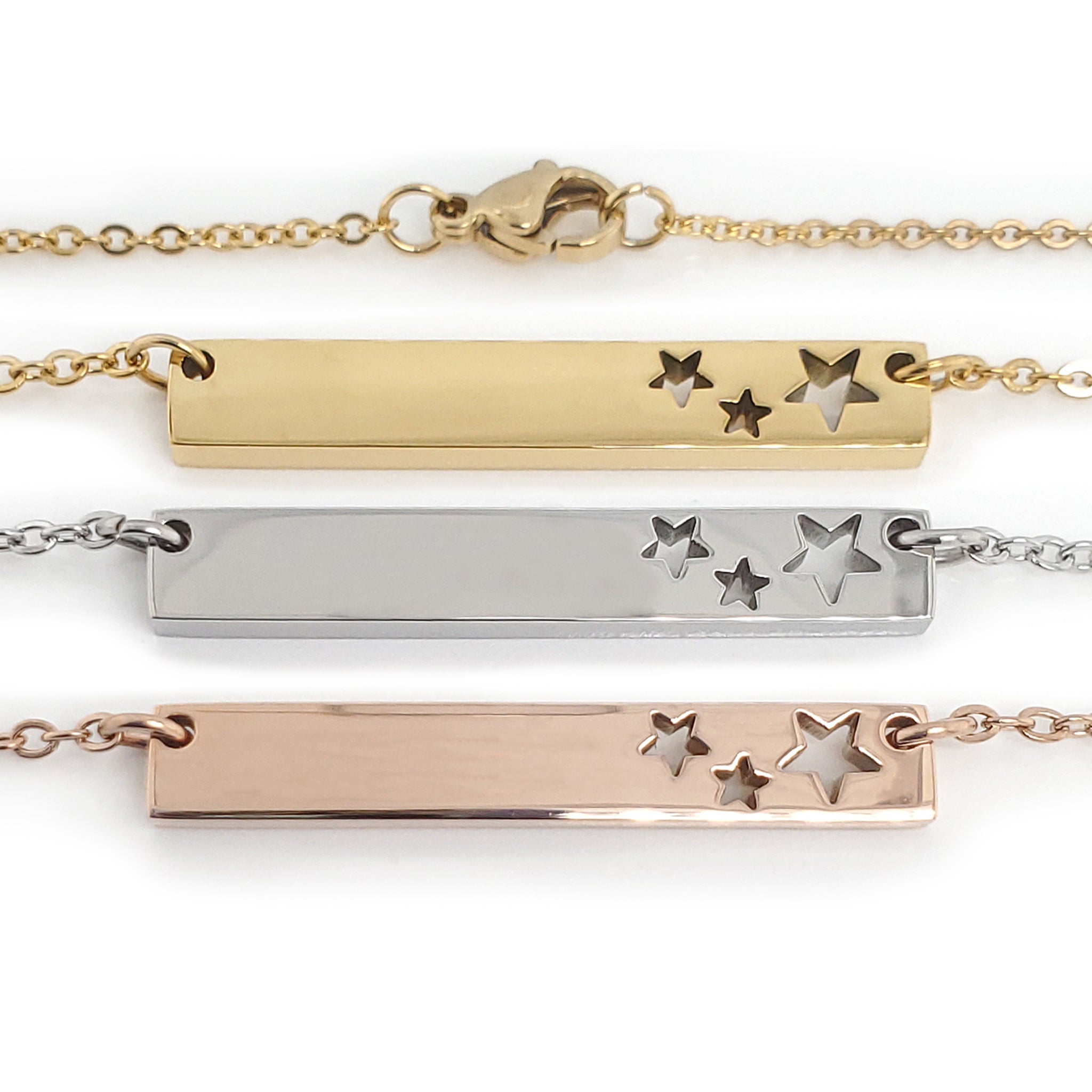 Stars cutout horizontal stainless steel bar necklaces in gold dipped, stainless steel color, and rose gold dipped.