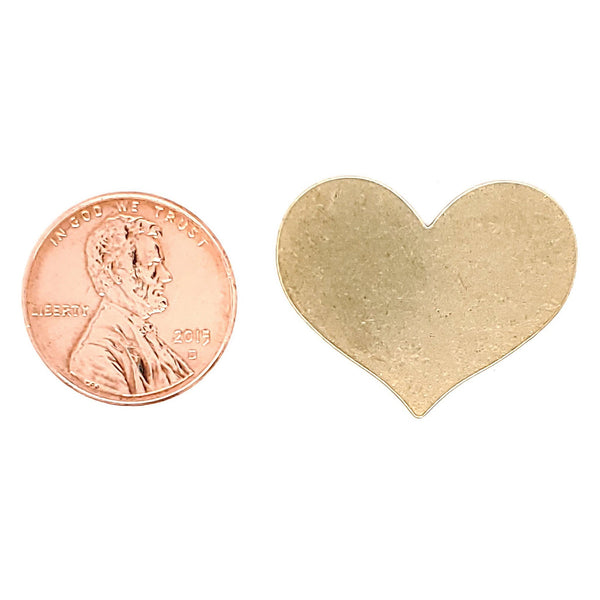 Brass blank heart pendant with a penny for scale.