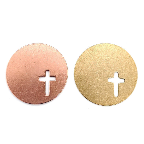 Copper and brass blank round cross cutout pendants.
