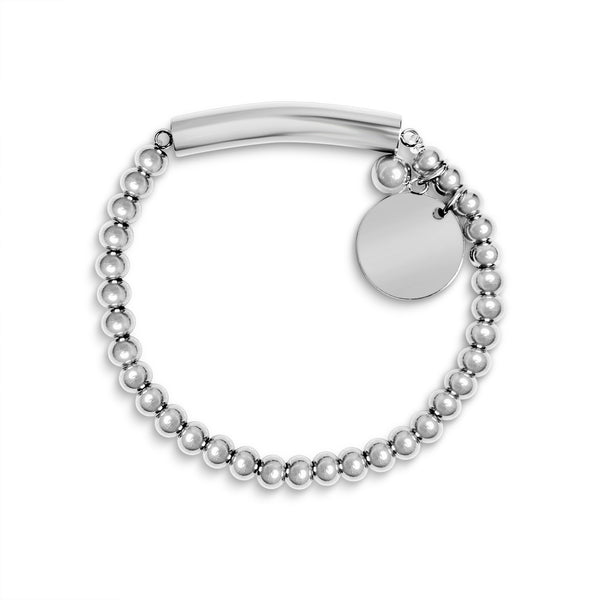 Stainless Steel Beaded Stretch Bracelet with Engravable Charm