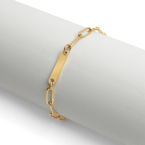 18K Gold Stainless Steel Engravable Paperclip Bar Bracelet